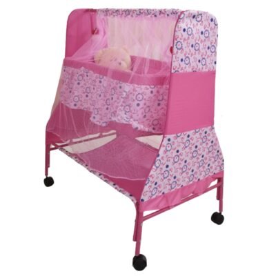 Pink Floral Baby Cradle with Mosquito Net & Wheels